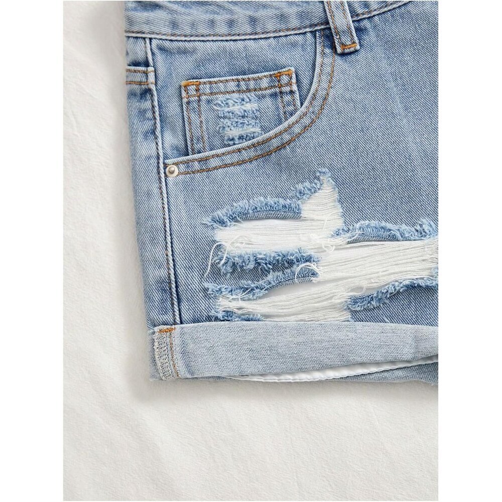 Women's Ripped Mini Jean Shorts Distressed Roll Hem Low Rise Y2K Style - Picture 5 of 5